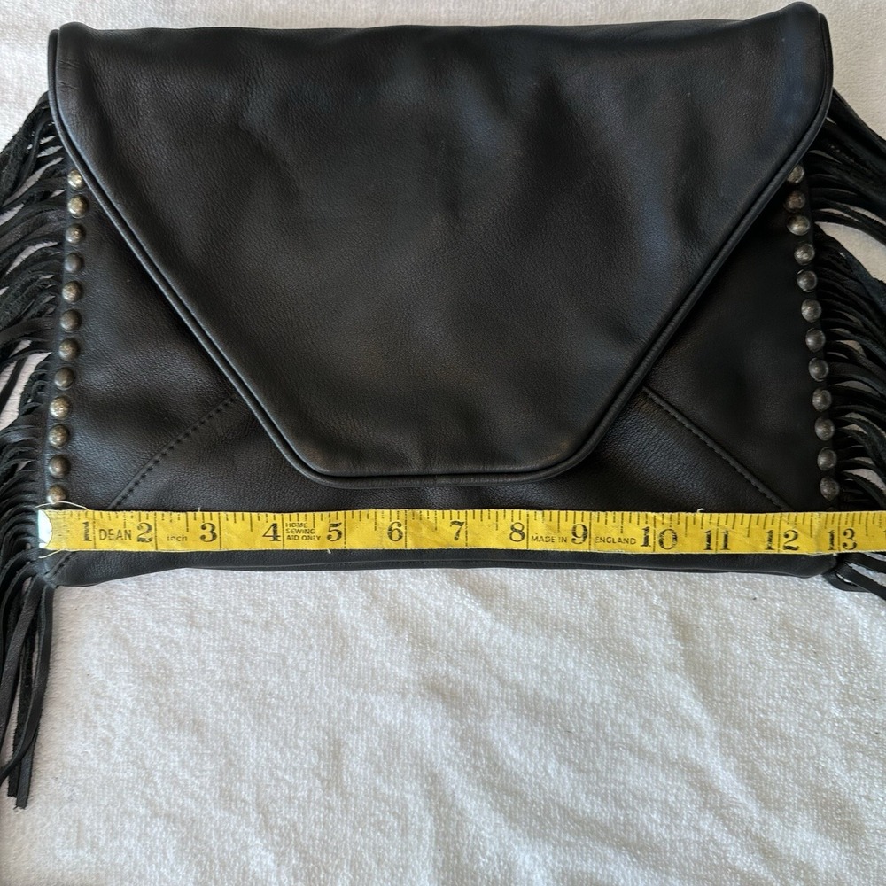 Tylie Malibu Black Leather Studded Fringe Lined Clutch Purse Magnet Close Pocket - Picture 12 of 14